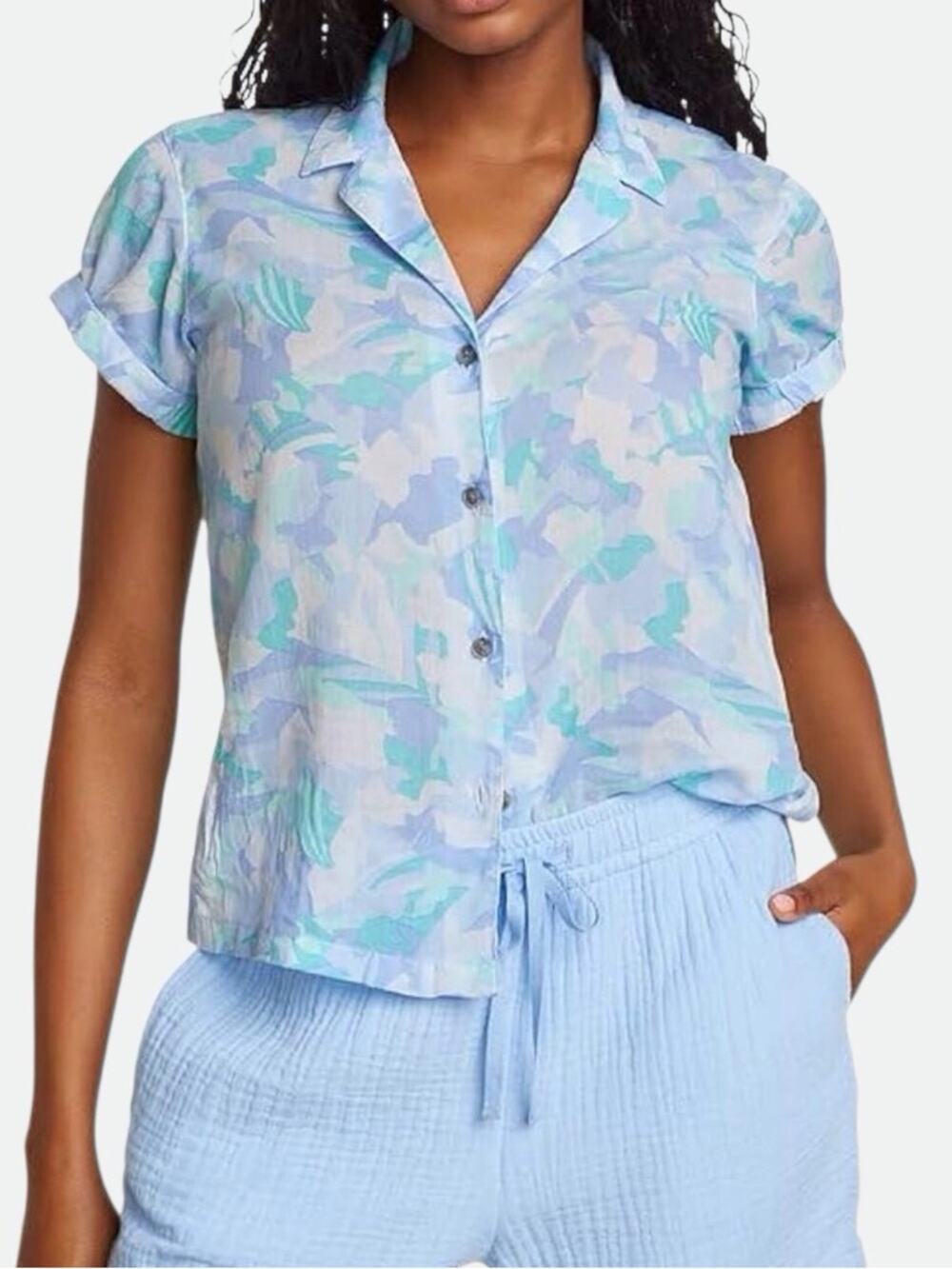 Eddie Bauer NWT Cotton Blouse Floral Short Sleeves Relaxed Camp Shirt